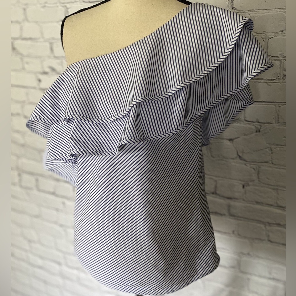 White House Black Market Pinstripe Ruffle Off-Shoulder Blouse